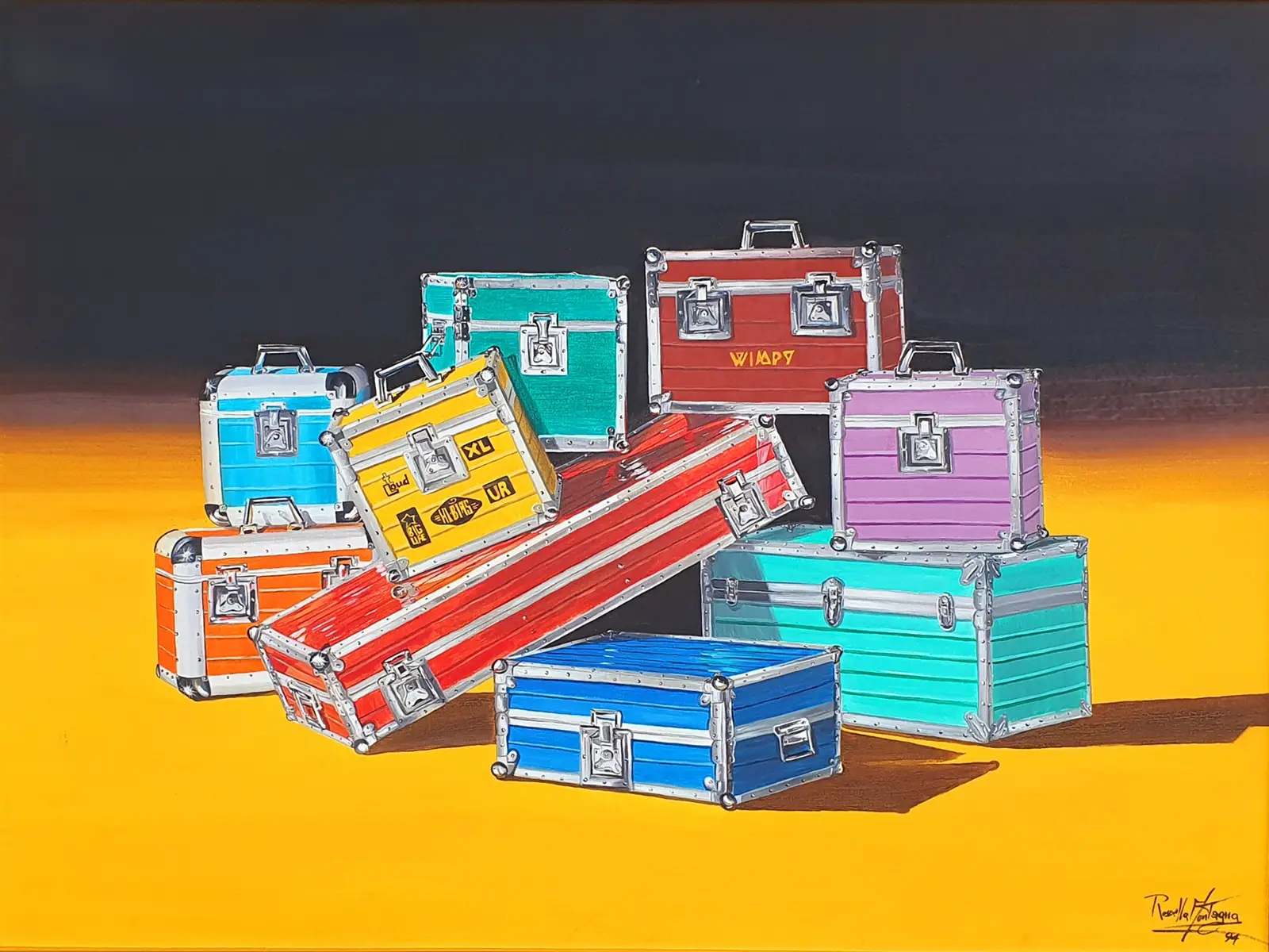 Rossella Montagna Olio su tela BAGAGLI IN SOSTA 60x80 copia